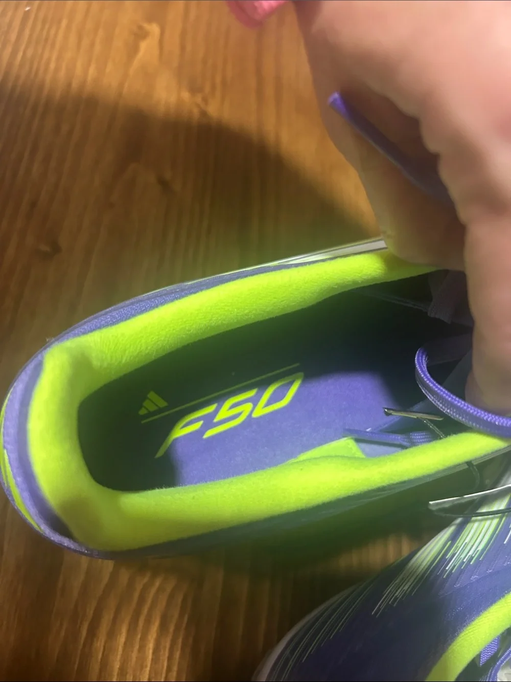 Adidas F50 League FG/MG soccer cleats purple/lucid lemon. Men’s 11.5 women 12.5